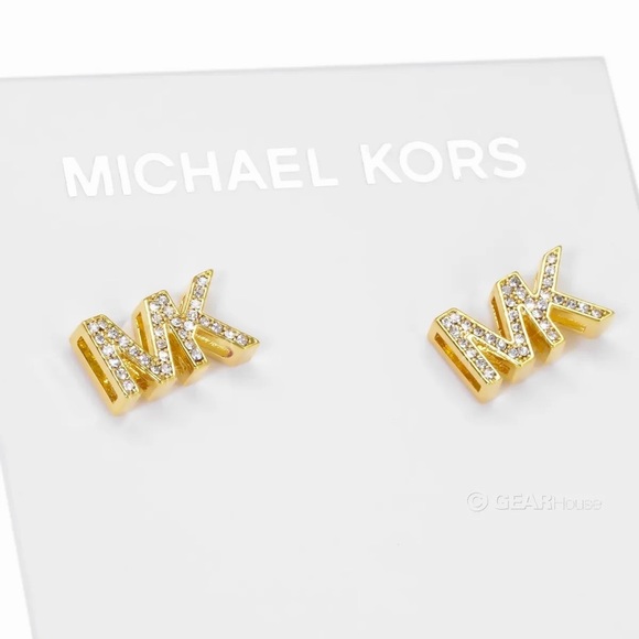 MICHAEL KORS Womens MK Logo Stud Earrings Pave Crystals Gold Tone Glitz - Picture 2 of 6
